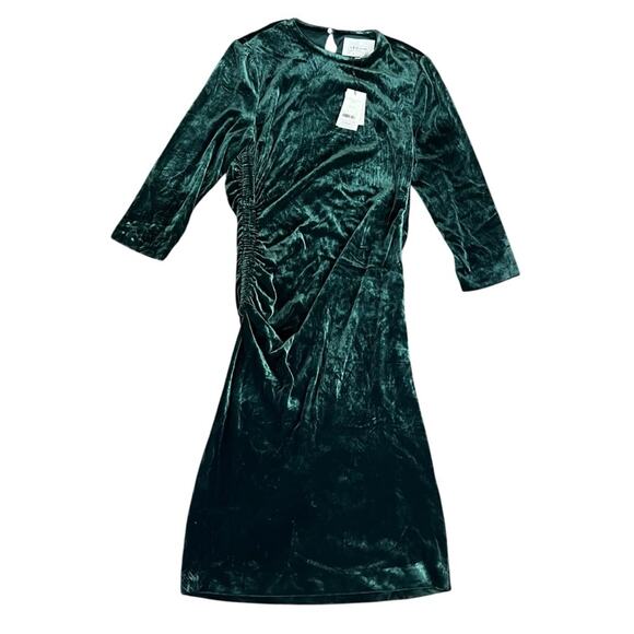L.K. Bennet Women’s Izzy Forest Green Velvet Ruched long Sleeve Midi Dress 12 - Picture 2 of 11